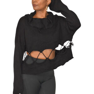 Manuelle Guibal Sweater Black Knit Cropped Cutout Lace Up Long Sleeve Boxy Large